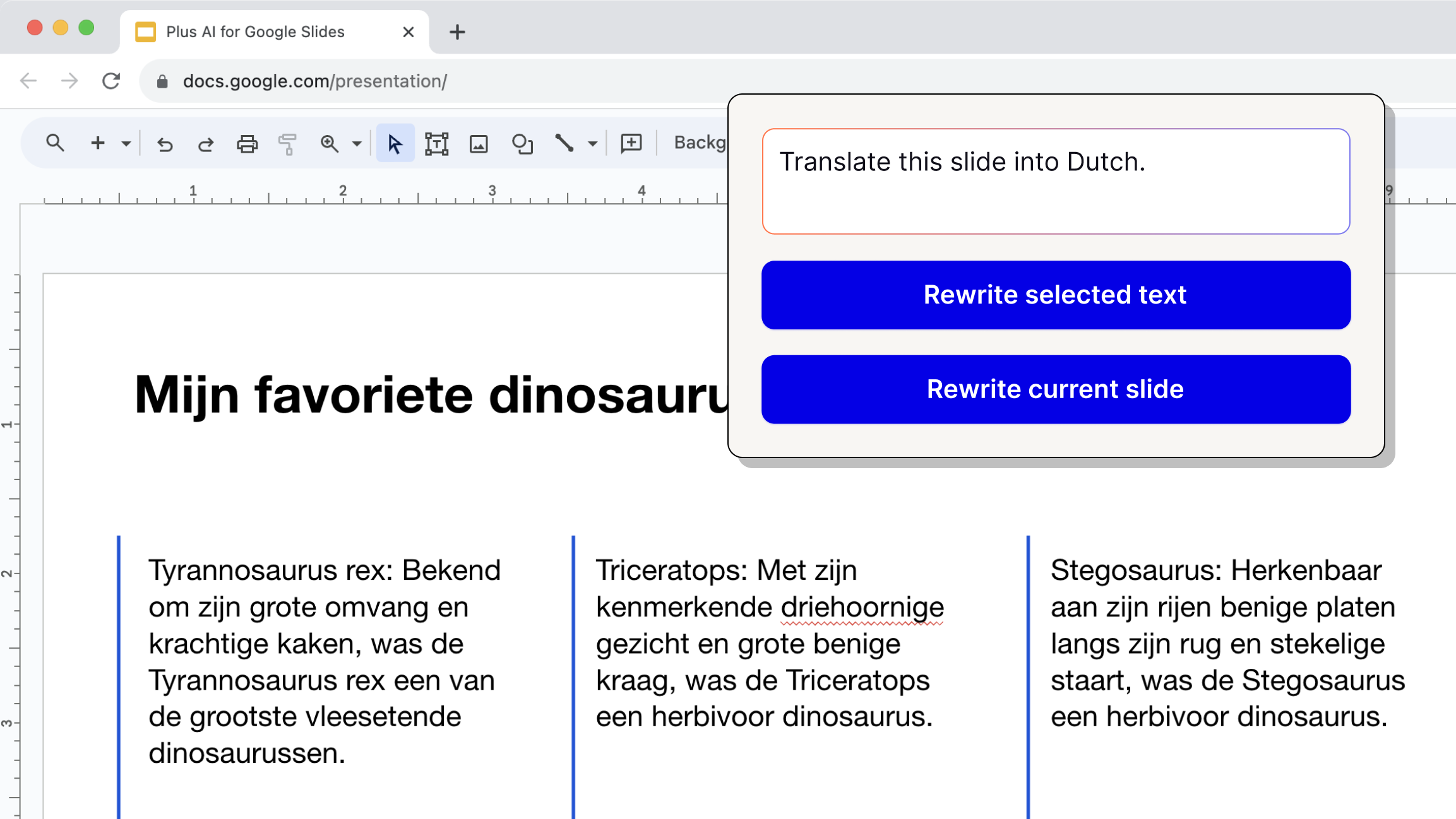 Screenshot of a slide in Google Slides where the text is in Dutch. Inset of Caktus AI with instructions that read "Translate this slide into Dutch," and two buttons. One button reads "Rewrite selected text." The other button read "Rewrite current slide."